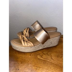 NWT Lane Bryant Wedge Slip On Sandal Metallic Gold & Tan Braided Size 10W Wide